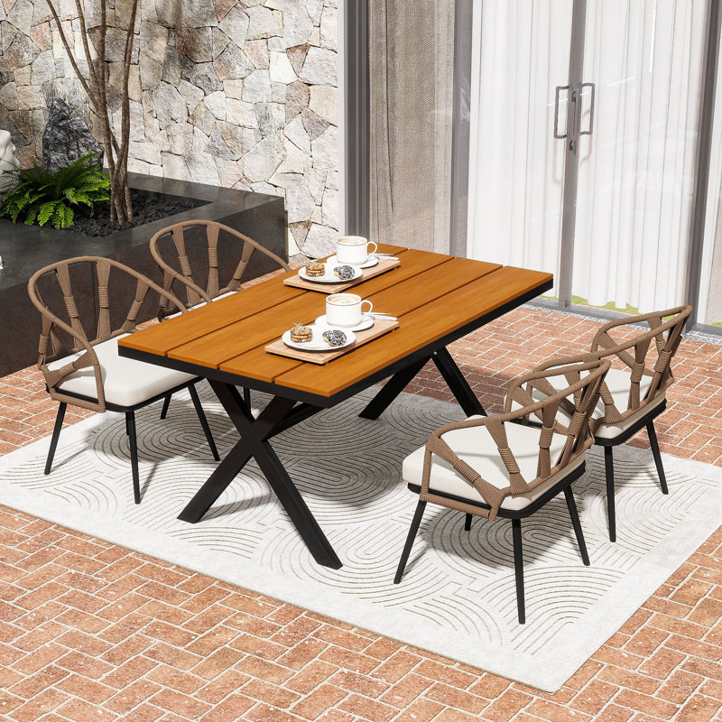 5Pcs Patio Dining Set with Plastic Wood Table and 4 Weather-Resistant Chairs, Brown