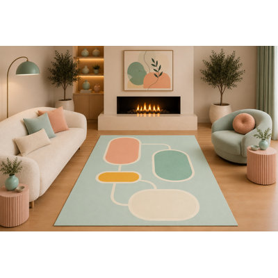 Tapis « ultra-léger » 152 x 213 cm, style géométrique moderne du milieu du siècle, formes abstraites pastel, vert menthe, pêche, crème, moutarde, idéal pour le salon ou la chambre. Dos en silicone antidérapant, poils courts.
