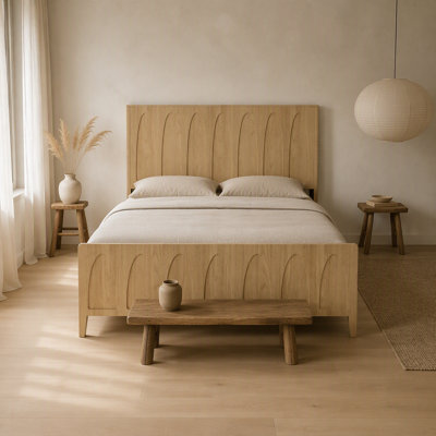 [Brand] Queen Size Solid Wood Platform Bed Frame with Side Storage Drawers, Curved Headboard Wood Slat Support, No Box Spring Needed, Minimalist Natural Wood Bedroom Bed