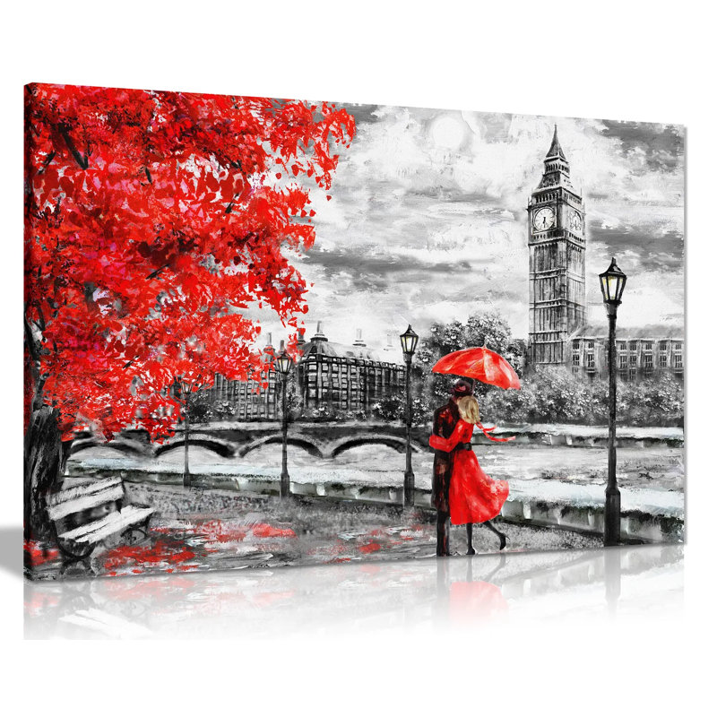 London Reproduction Big Ben Red Umbrealla - Wrapped Canvas Painting, 31cm H x 46cm W