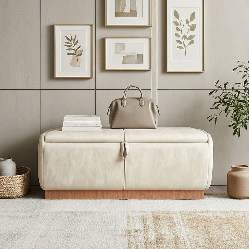 Banc ottoman moderne en velours avec rangement dissimulé et charnières de sécurité pour salon, chambre, Beige
