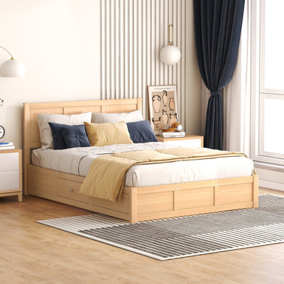 Lit plateforme avec rangement inférieur et 2 tiroirs profonds - Structure de chambre à coucher en bois naturel, essentiel