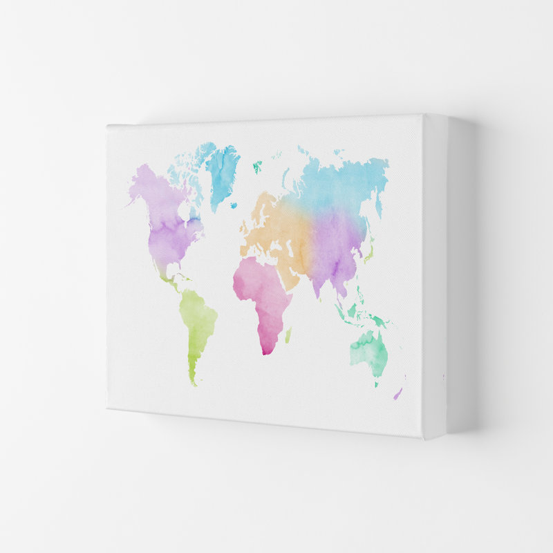 Watercolour World Map - Pastels - Print, 84cm H x 59.4cm W x 4cm D, Wrapped Canvas