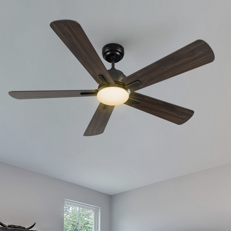 52 Inch 5 Blades DC Motor Smart Ceiling Fan with Remote and Light Kit., Oak Wood, Black