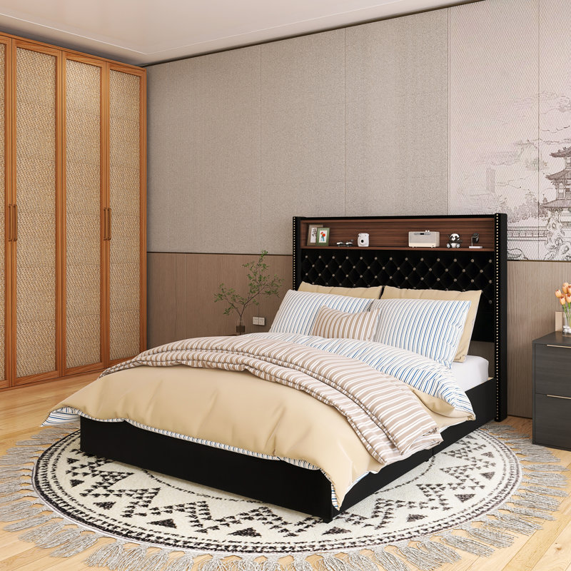 Grand lit plateforme en bois avec port USB et tablette de tête de lit, Grand lit, Noir