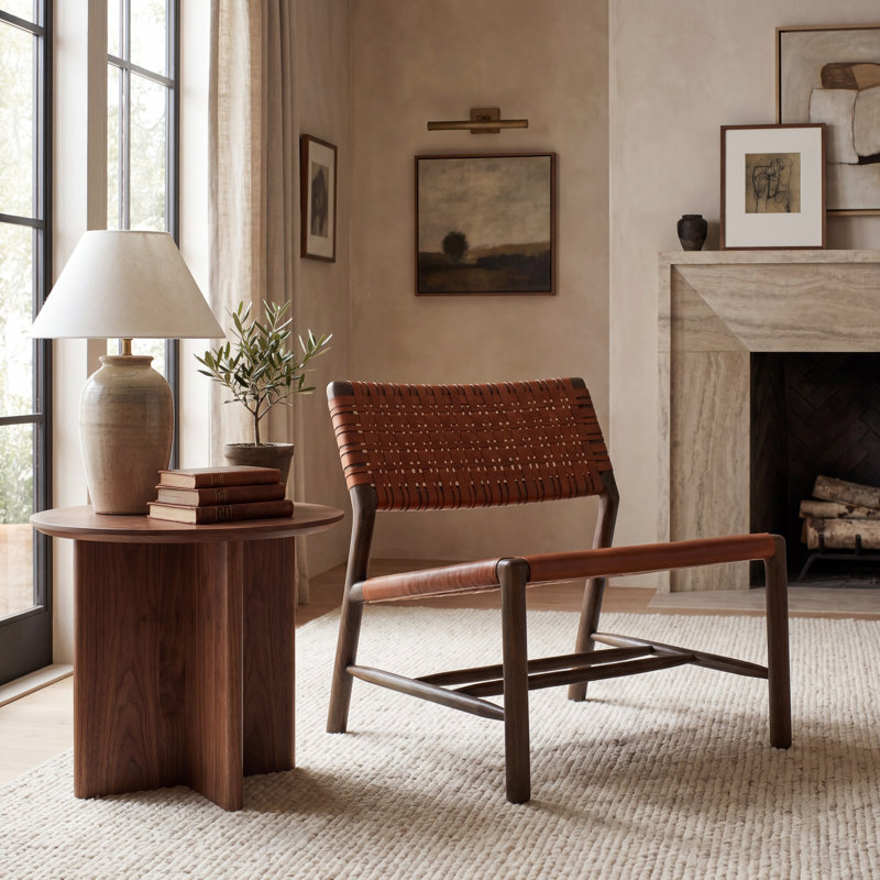 Fauteuil l 26,4 po en cuir fleur avec structure en bois massif, Noyer, Cuir brun