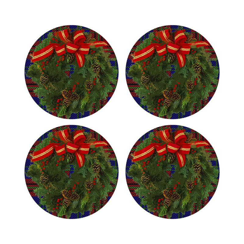 Christmas Wreath Vegan Leather Round Pebble Placemat, Tartan Blue