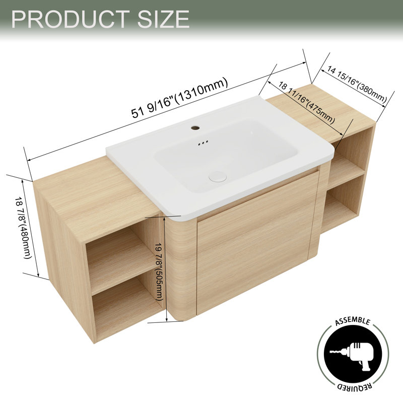 Meuble-lavabo mural 52 po avec lavabo en céramique blanche et tablettes de rangement, porte à fermeture douce, blanc américain