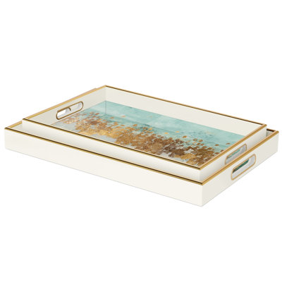 Ensemble de 2 plateaux décoratifs empilables bleus et blancs avec bordure dorée 2 pièces