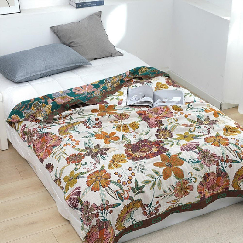 Housse de couette 100% coton DONEUS Boho, Grand lit, Beige / brun foncé / vert floral