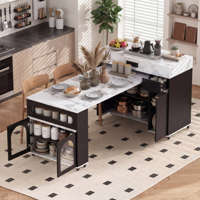 Black And Marble White Multi-Functional Extendable Dining Table, Extra-Long Folding Tabletop + Drawer Sockets, Movable Island With Brake Wheels And Kitchen Storage Cabinets.