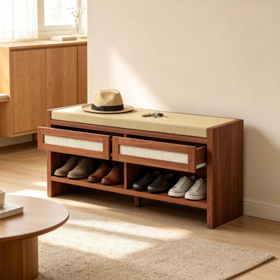 Banc d'entrée avec tiroirs en rotin et siège rembourré pour rangement de chaussures organisé