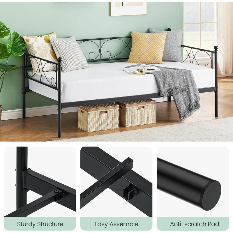 Bedroom Sofa Bed w/ Trundle, Twin Size Metal Daybed w/ Floral Headboard, Heavy Duty Metal Slats Support Multifunctional Bed