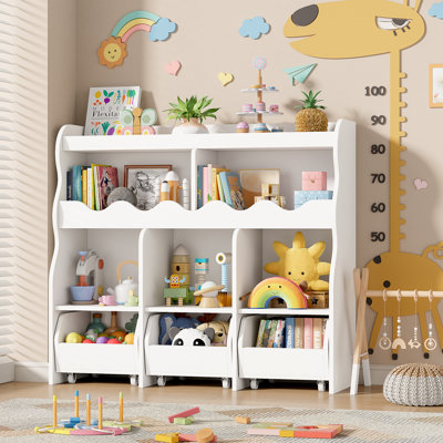 Toy Storage Organizer with Movable Drawers, Toy Organizer for Kids| Toy Organizer with Wheels, Kids Bookshelf and Toy Chest Storage, Stuffed Animal Storage for Playroom, Storage Cube Organizer, White