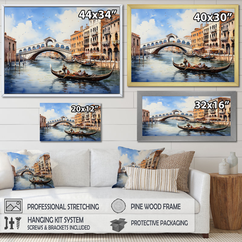 Italie, pont du Rialto Ponte I - Italie, art mural, H 16 po x l 32 po x P 1 po, Cadre simple blanc