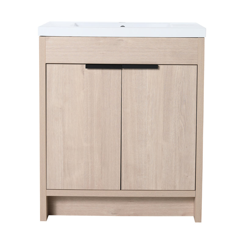 Meuble-lavabo de salle de bain avec lavabo en résine blanche inclus. 30 pouces autoportantes, 2 portes d'armoire. Contreplaqué, tablette réglable. Poignées en métal. Étagère autoportante en chêne clair 30 po. Portes à fermeture en douceur,