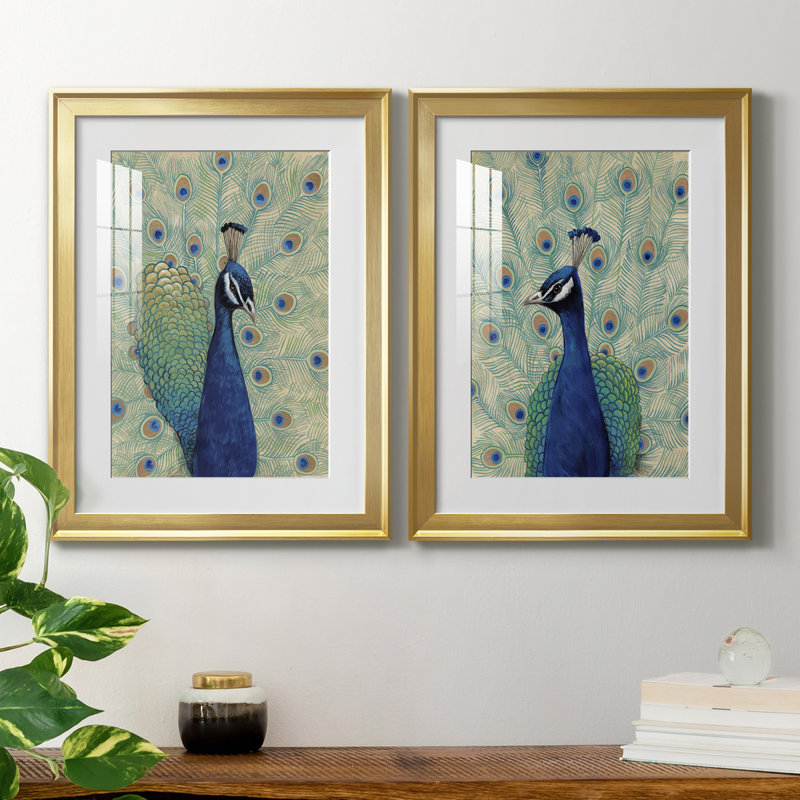 Blue Peacock I - Matted and Framed Under Acrylic Glass, Set of 2, Large Living Room Wall Art, 24.5" H x 37" W x 1" D