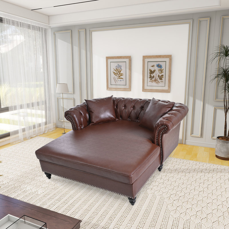 63" Chesterfield PU Leather Sleeper Sofa with Tufted Rolled Arms & Nailhead Trim, Brown Faux Leather
