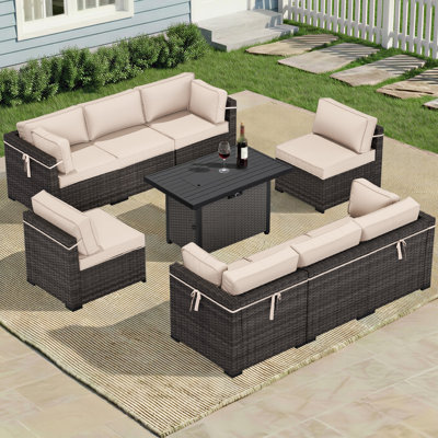 Fauteuil modulaire en rotin toutes saisons pour 8 personnes avec table de foyer et coussins luxueux