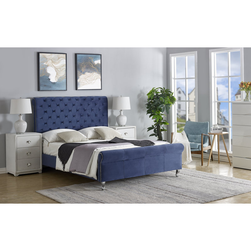 Manaf Upholstered Standard Bed, Dark Blue, Queen