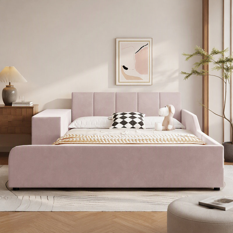 Lit tapissier en velours avec bureau de chevet et petit tabouret rond, Lit double, Rose