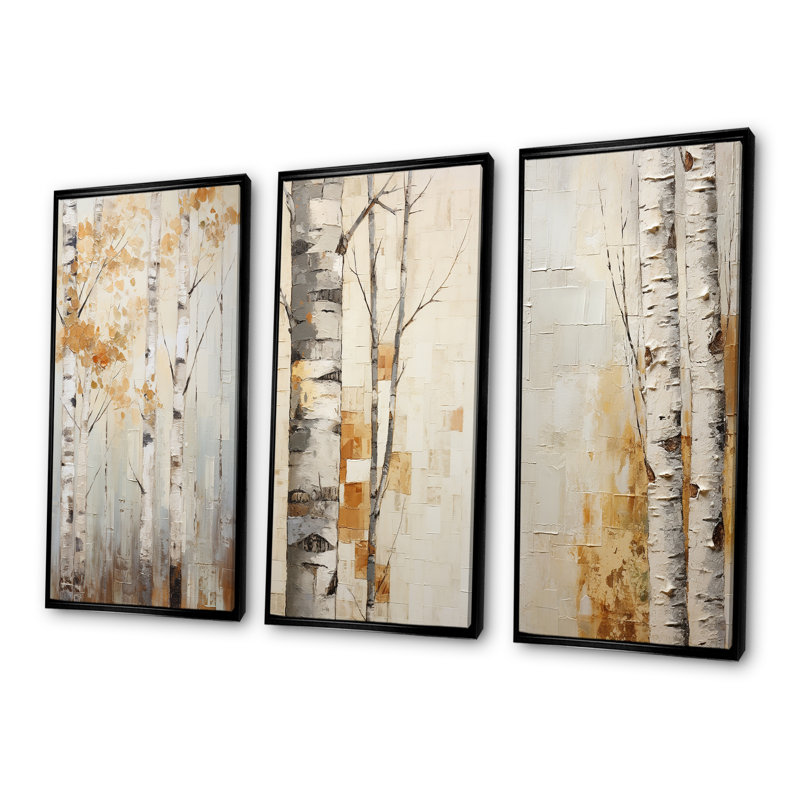 Minimalisme arbre bouleau - ensemble de 3 impressions sur toile de bouleau arbre, Cadre flottant noir, H 32 po x l 48 po