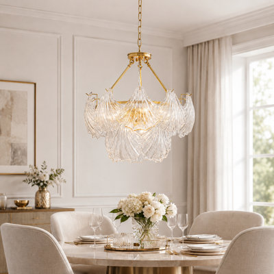 Claridge 9-Light Gold Glass Chandelier with Textured Clear Glass Panels and Adjustable Chain