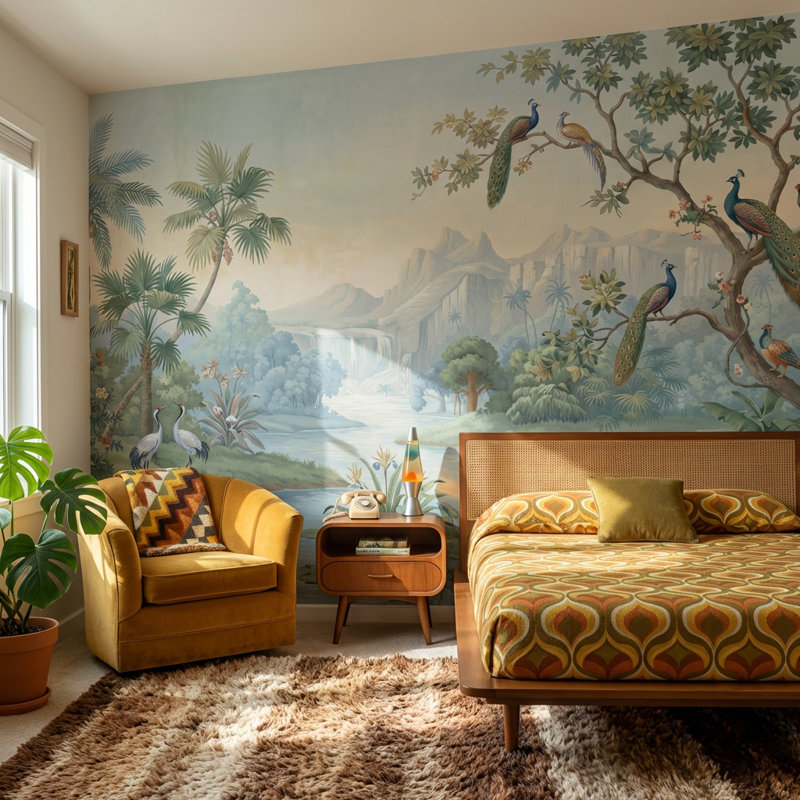 Papier peint rivière tropicale avec oiseaux tropicaux, Non tissé non collé, 160 po x 108 po