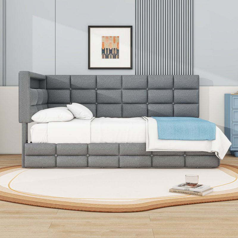 Twin Linen Upholstered Daybed with Built-in Charging Station, LED Lighting and Storage Drawers, Gray