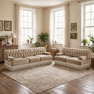 2‑Piece Sofa Set, 1Pc 2‑Seater & 1Pc 3‑Seater Button Tufted Velvet Couch with Tassel Skirt, for Living Room
