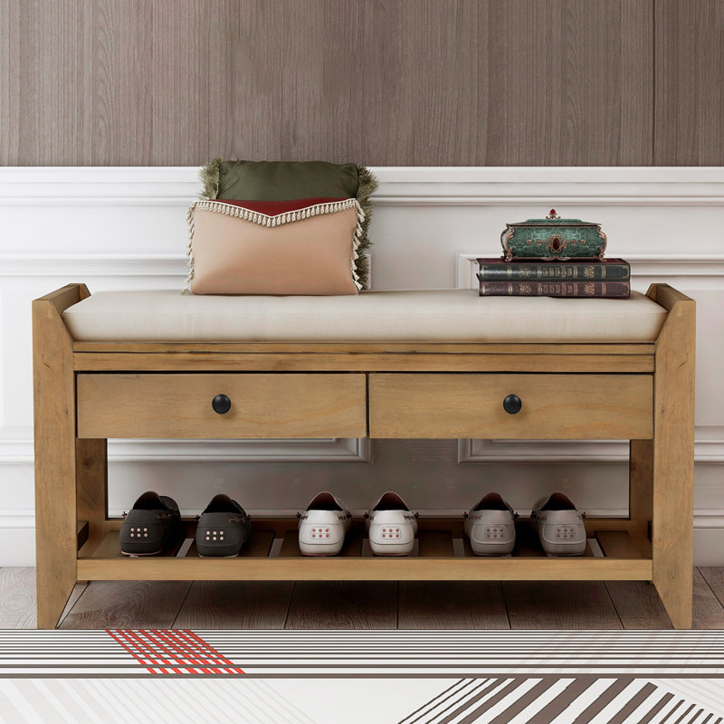 Banc de rangement polyvalent pour chaussures avec siège rembourré et tiroirs, Bois de pin vieilli