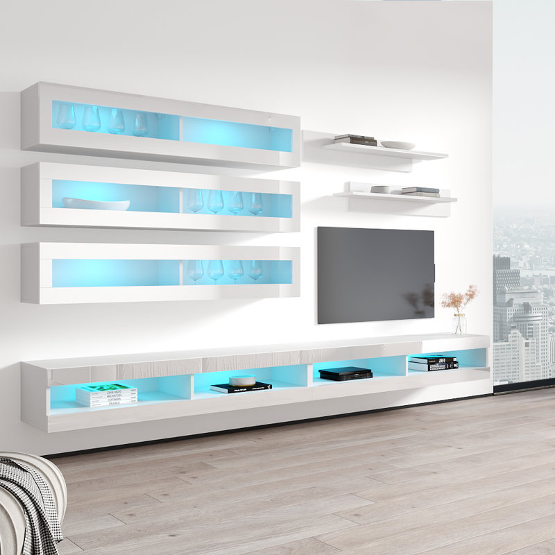 Catania 126" Modern Floating Wall Mounted Entertainment Center with 16-Color LED Lighting, High Gloss Finish, White