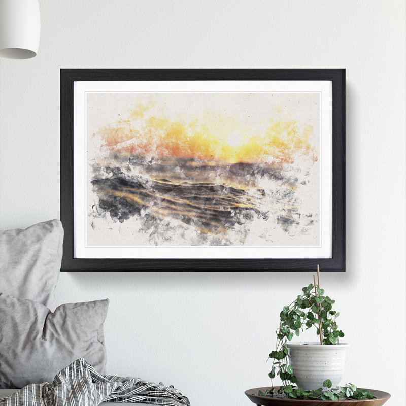 Orange Sunset Above the Waves - Picture Frame Graphic Art Print, 24cm H x 33cm W x 2cm D, Black Framed