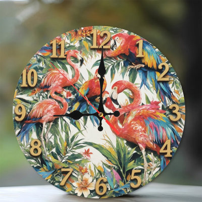 Clock With Tropical Flamingos Parrots
