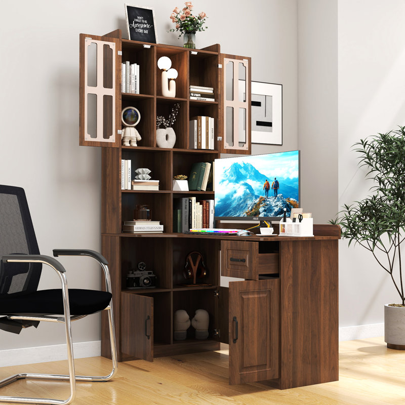 Bureau d'ordinateur de coin en L avec tiroirs, bibliothèque et huche, Noyer, H 76,77 po x l 42,71 po x P 28,26 po