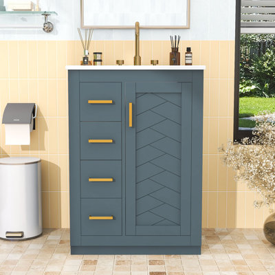 Meuble-lavabo compact de 24 pouces avec lavabo en céramique intégré et 3 tiroirs à fermeture en douceur