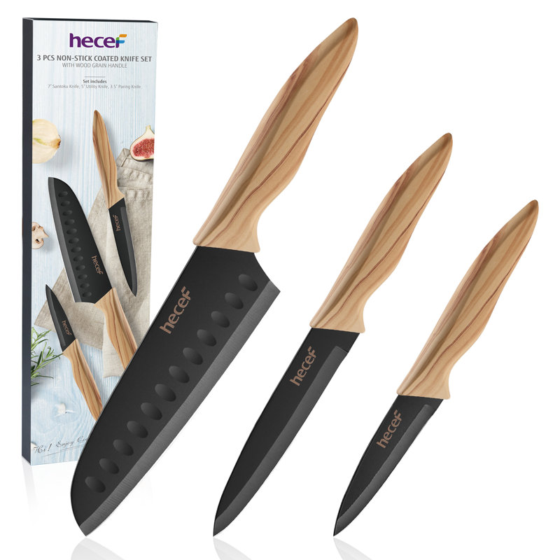Ensemble de couteaux de cuisine 3 pièces Hecef, lames noires en acier inoxydable avec revêtement antiadhésif, couteaux de chef professionnels