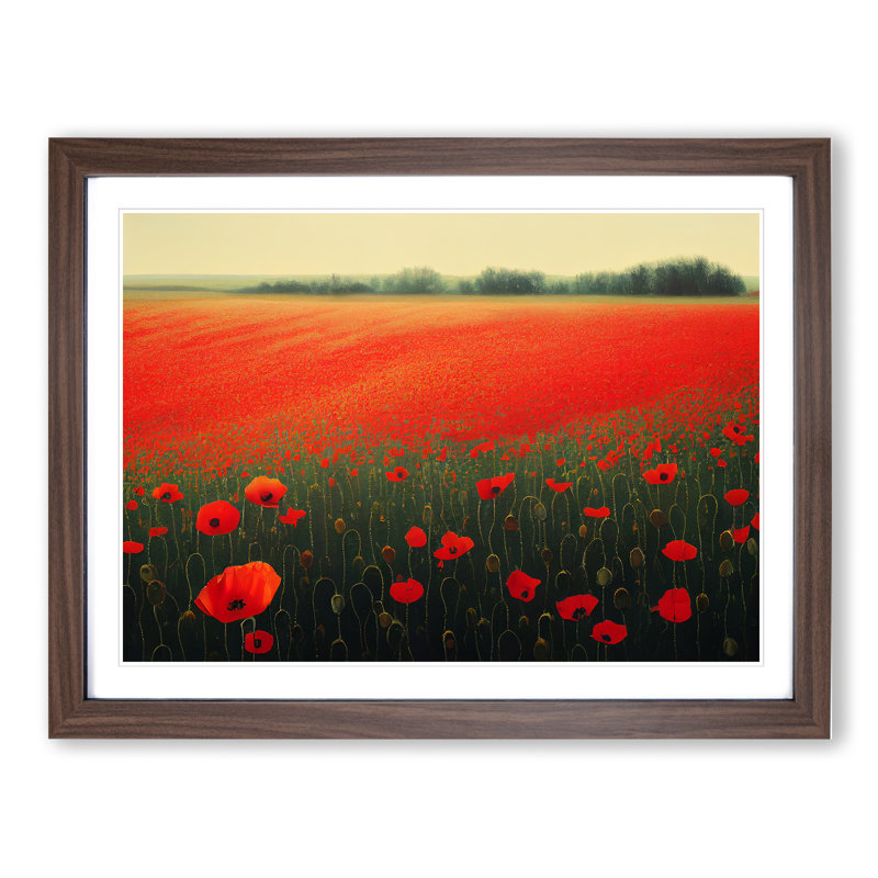 Eye Catching Poppy Field Flowers 1 Piece Single Picture Frame Wall Art, 34cm H x 46cm W x 2cm D, Walnut