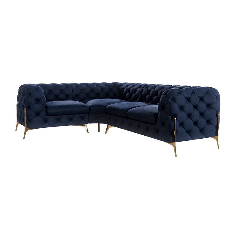 Chesterfield Corner Sofa L-Shape  with Gold Metal Legs, Right Hand Facing, Navy Blue