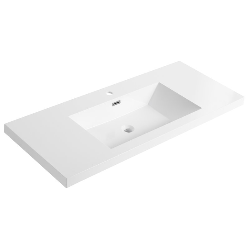 Lavabo de salle de bain en résine blanche brillante de 122 cm (48 po), profondeur 117 cm (46,15 po), largeur 51 cm (20,2 po), hauteur 19 cm (7,5 po), style contemporain, profond et robuste.