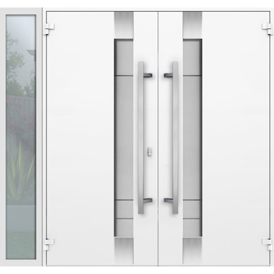 Front Exterior Prehung Metal Double Doors Deux 1713 White Enamel Frosted Glass Sidelite Exterior Black Window Entry Modern Painted Right Inswing Active Door 84 x 80