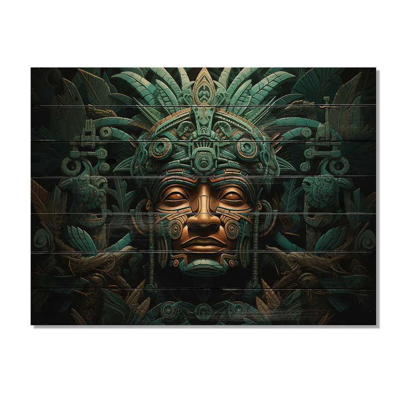 Maya Magic Aztec Mask I - Art mural mexicain sur bois de pin naturel, H 30 po x l 40 po