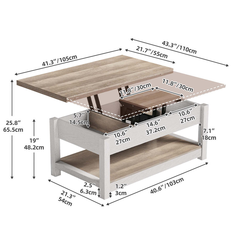 Bojko Multi-Function Lift Top Coffee Table with Hidden Compartment and Storage Shelf, Greyish White, Grey Wash