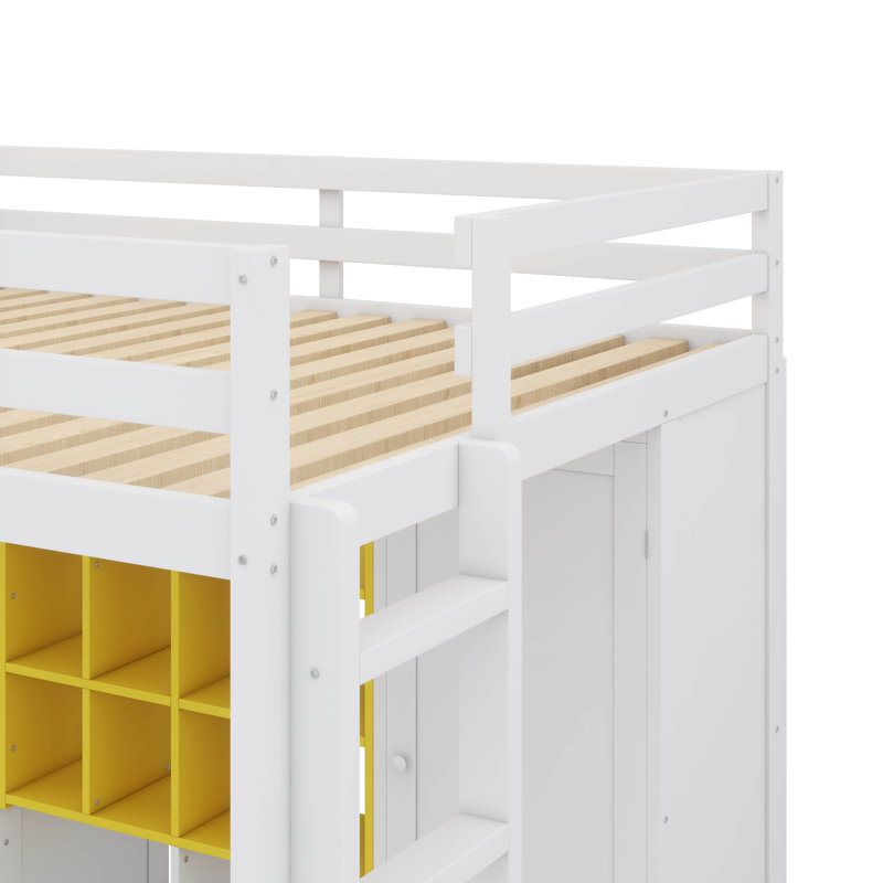 Full-Size Elevated Loft Bed With Closet, Racks, And Drawer Unit, White/Yellow