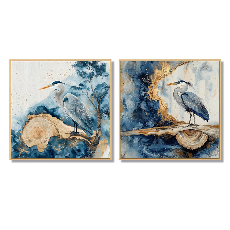 Héron à l'encre de chine dorée paysage II - héron, art mural de décoration murale, 16" H x 33" W, Floater Framed, Cream
