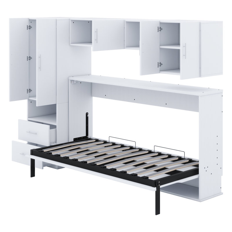 Murphy Bed With Open Shelves And Storage Drawers,Built-In Wardrobe And Table