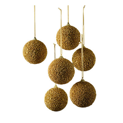 Gold Beaded Hanging Balls For Christmas Tree, Table, Wreath Filler, Mantel Decoration, Holiday Party, Wedding & Year-Round Home Décor, 3.5" Diameter, Pack Of 6
