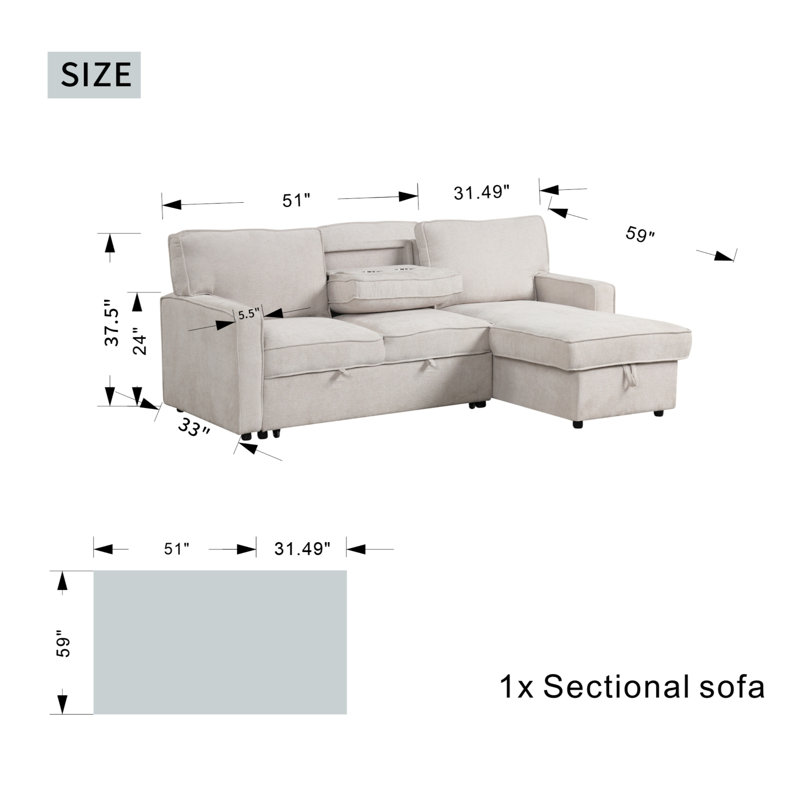 Canapé-lit modulaire avec rangement USB et 2 porte-gobelets Rogel Upholstery, Polyester beige