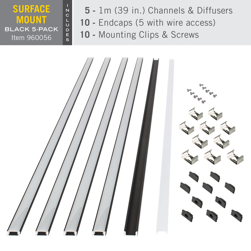 LED Tape Light Mounting Channel, Surface Mount, Black