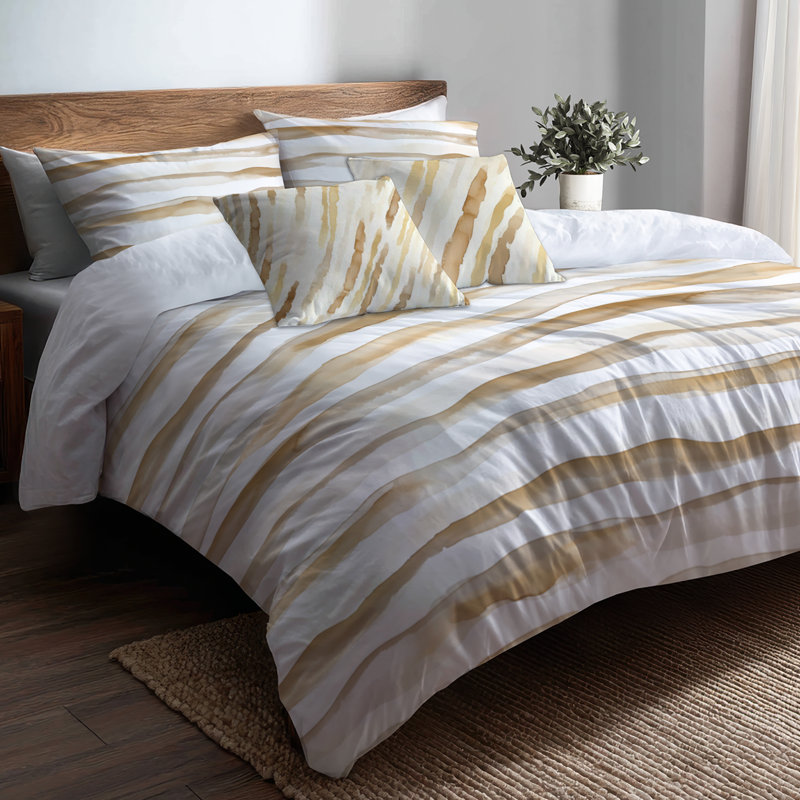 Ensemble de literie à rayures 5 pièces - Ensemble de housse de couette et de coussins brun et blanc Boho